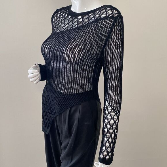 Zara Open Weave Black Sheer Mesh Knit Panel Asymmetrical Hem Sweater Top - Picture 4 of 7